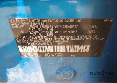 2016 Toyota Rav4 Xle from USA, damaged, VIN 2T3RFREV8GW492278